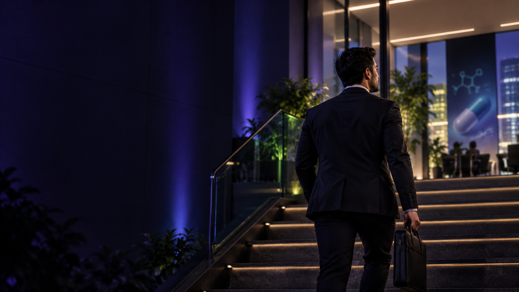 Profissional subindo as escadas de um edifício corporativo